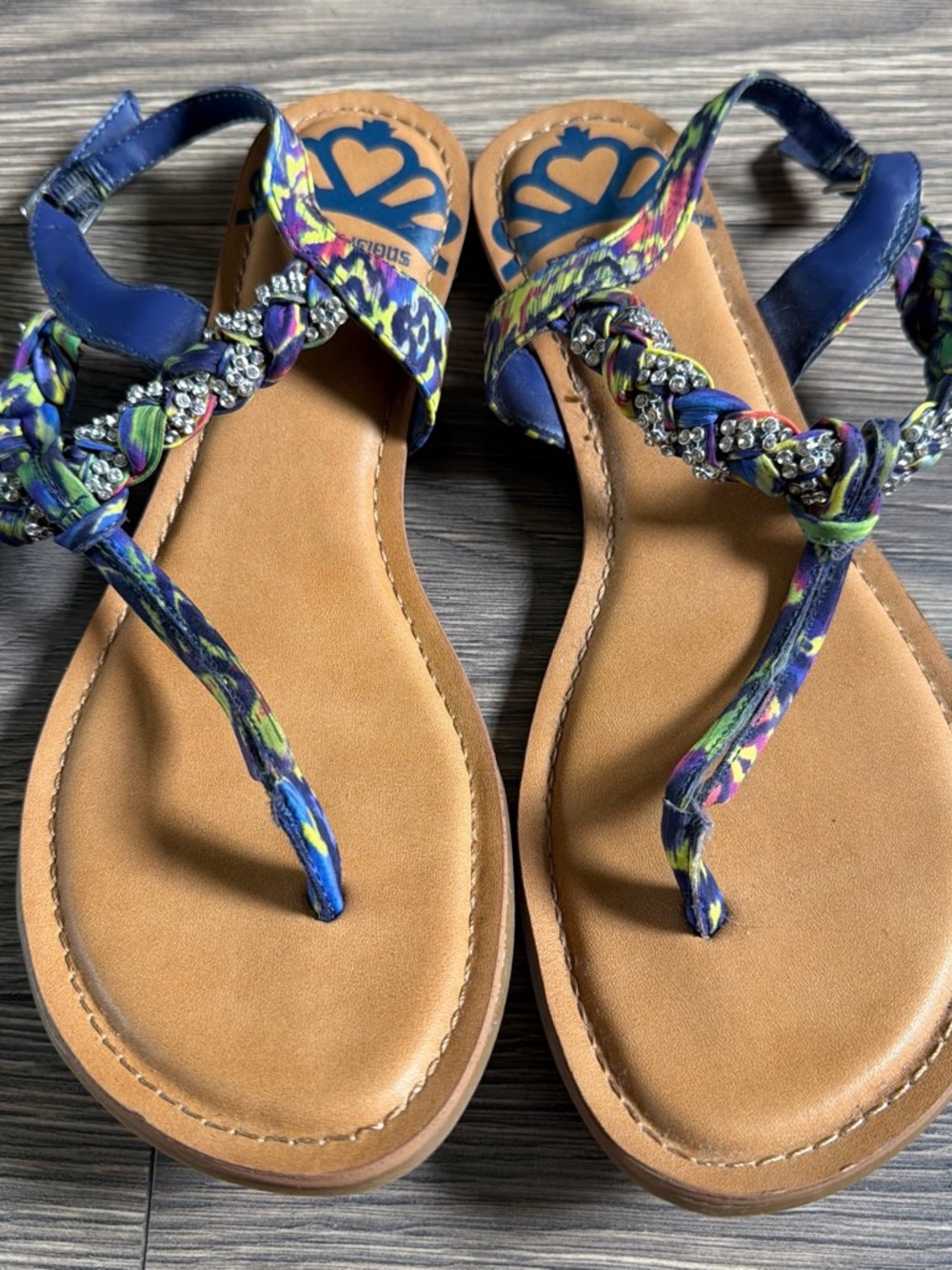 Fergalicious Blue Floral Braided T-Strap Sandals with Rhinestones